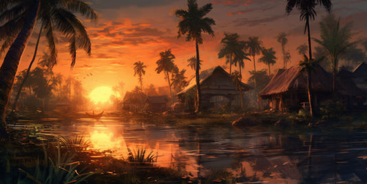 Rustic Beach Village at Sunset Wall mural