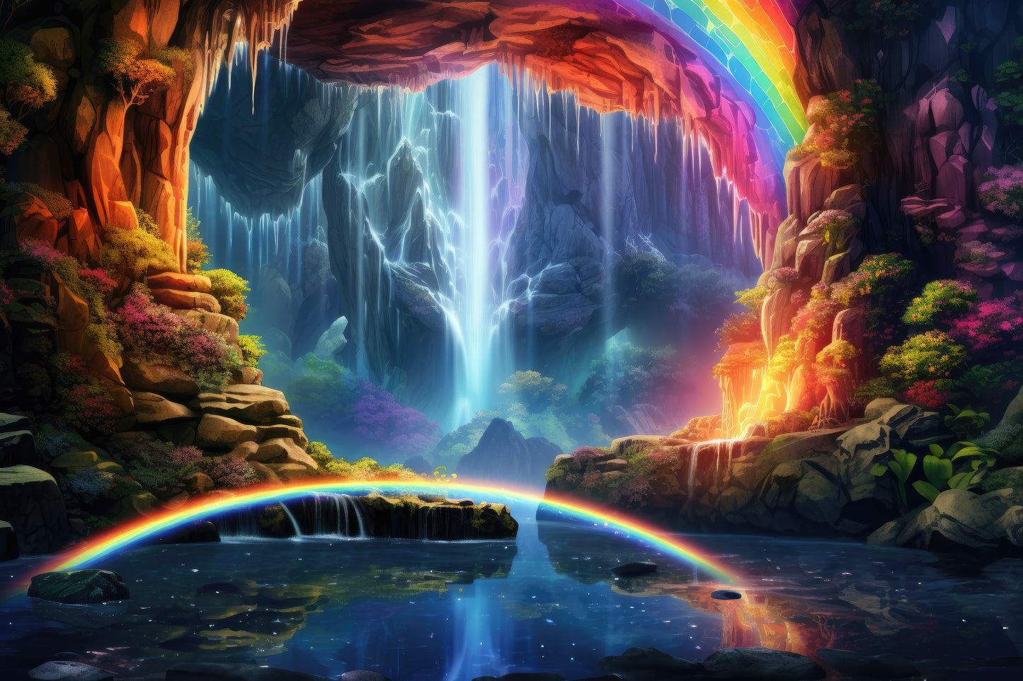 Fantasy Cave with Beautiful rainbow and waterfall Mural